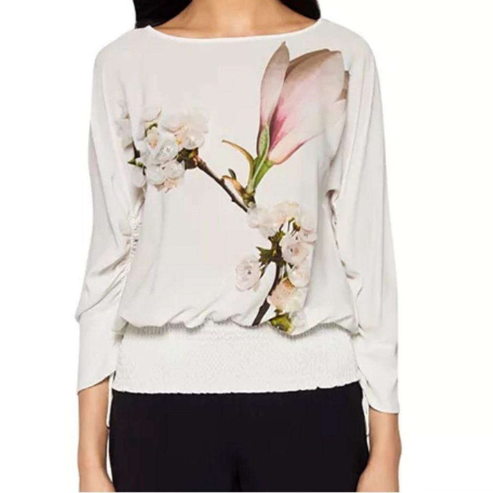 Ted Baker Women Xathia Harmony Shirred-Sleeve Sheer Blouse Ruched Sleeves Size 4